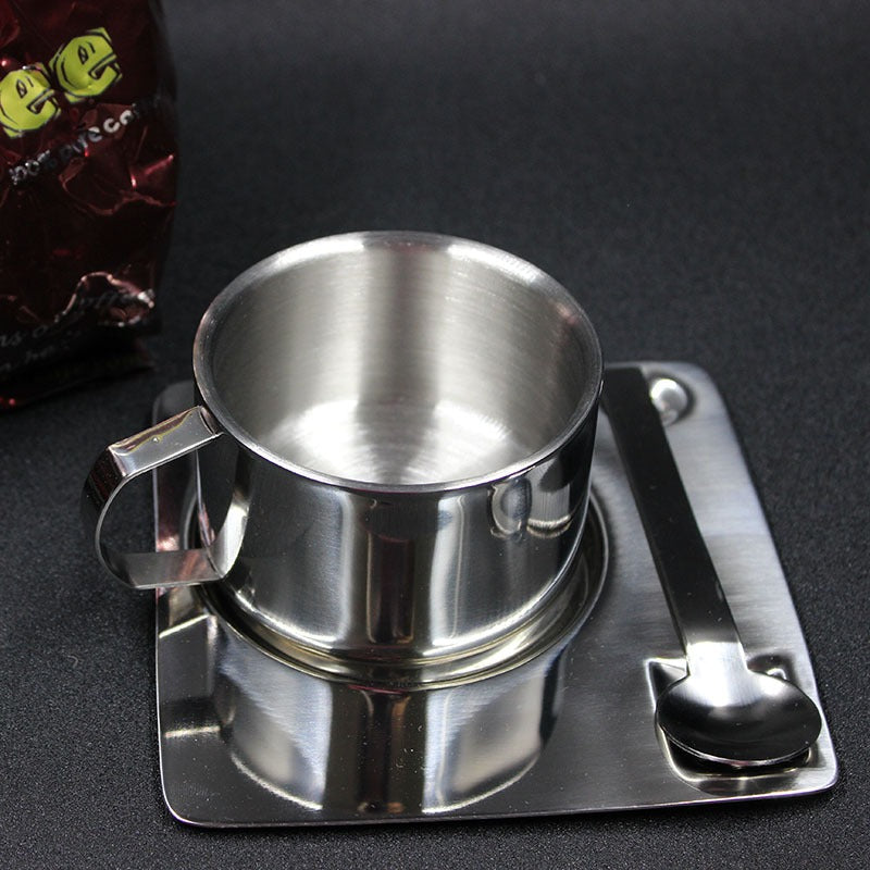 Stainless Steel Tea Coffee Cup Double Wall With Saucer Spoon