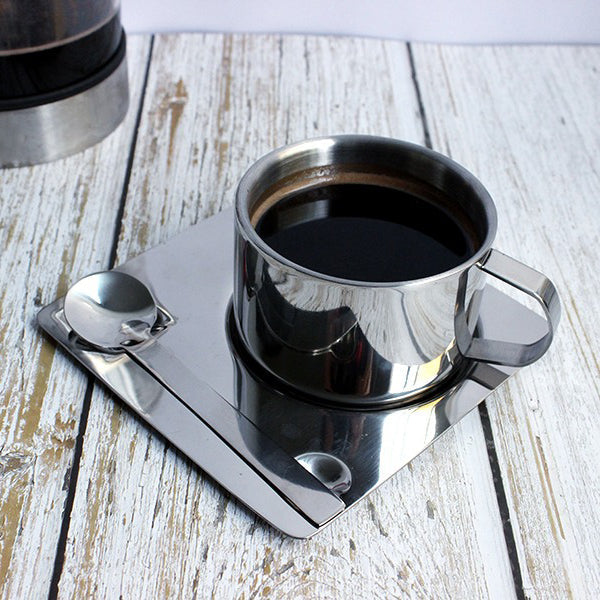 Stainless Steel Tea Coffee Cup Double Wall With Saucer Spoon