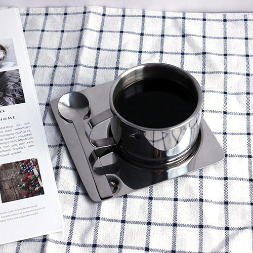 Stainless Steel Tea Coffee Cup Double Wall With Saucer Spoon