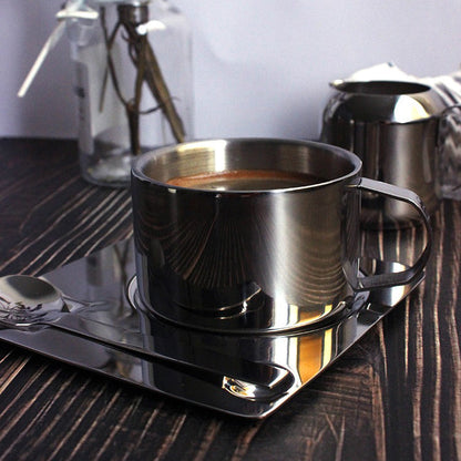 Stainless Steel Tea Coffee Cup Double Wall With Saucer Spoon