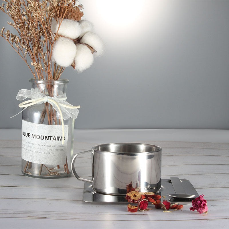 Stainless Steel Tea Coffee Cup Double Wall With Saucer Spoon