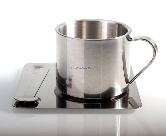Stainless Steel Tea Coffee Cup Double Wall With Saucer Spoon