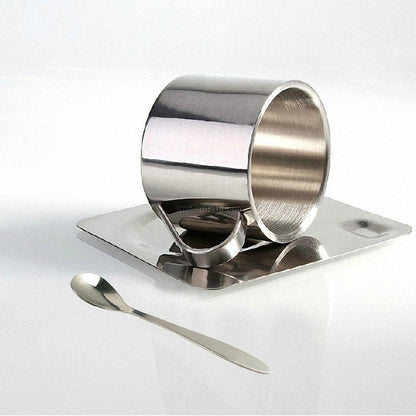Stainless Steel Tea Coffee Cup Double Wall With Saucer Spoon