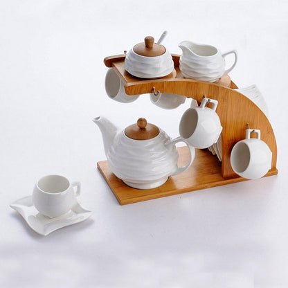 White Ceramic Tea Set Bamboo Rack 6 Cups Saucers Gift Box