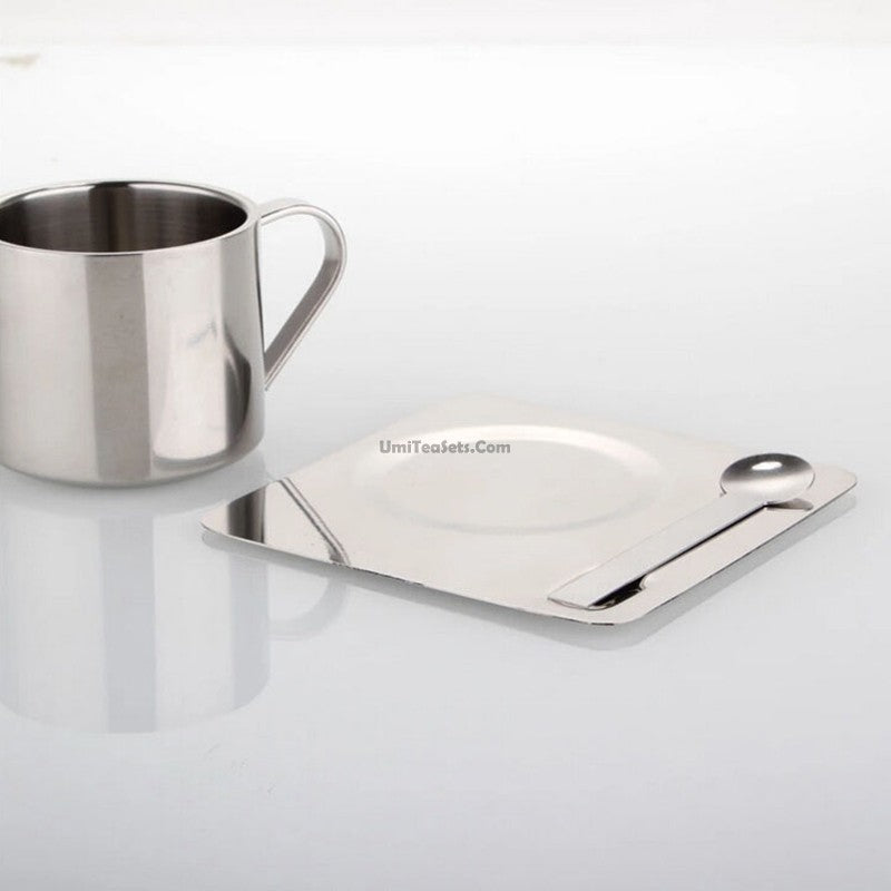 Stainless Steel Tea Coffee Cup Double Wall With Saucer Spoon