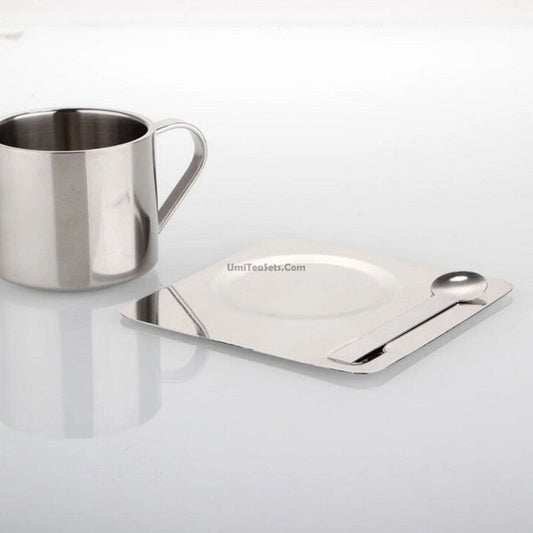 Stainless Steel Tea Coffee Cup Double Wall With Saucer Spoon