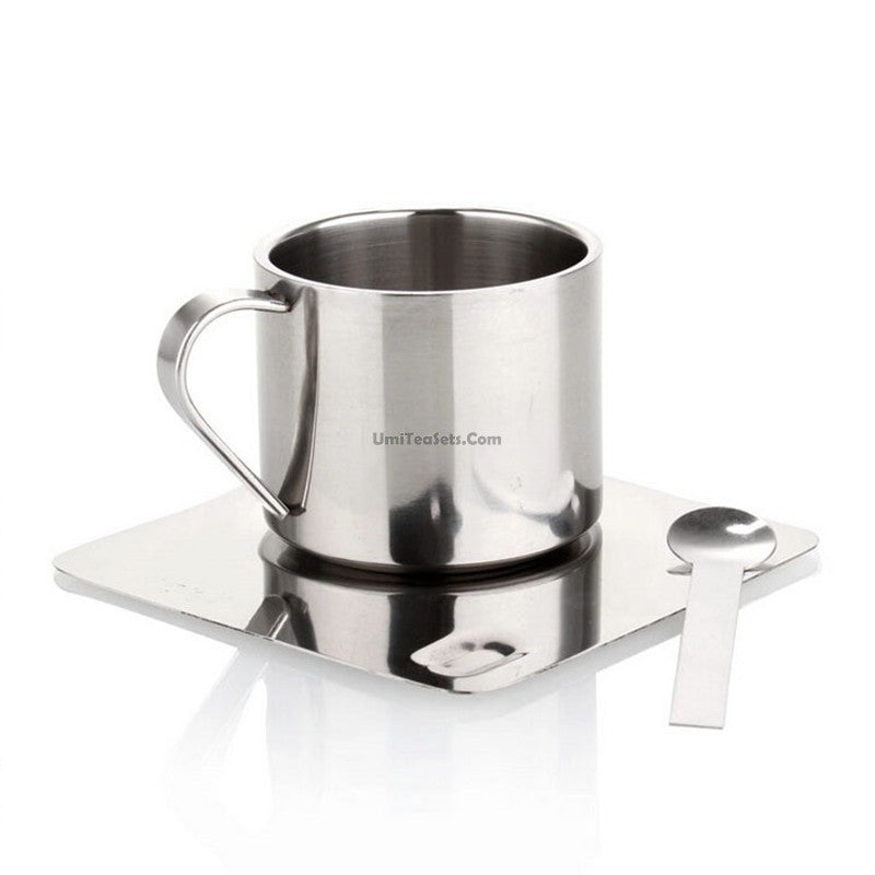 Stainless Steel Tea Coffee Cup Double Wall With Saucer Spoon
