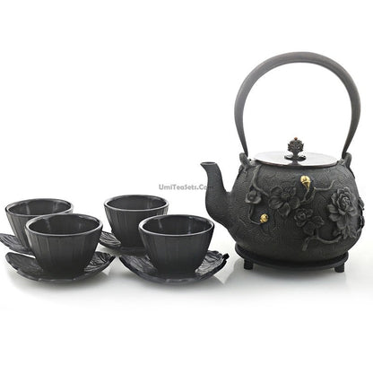 Cast Iron Tea Set | Plum Design, Copper Handle, 10-Piece