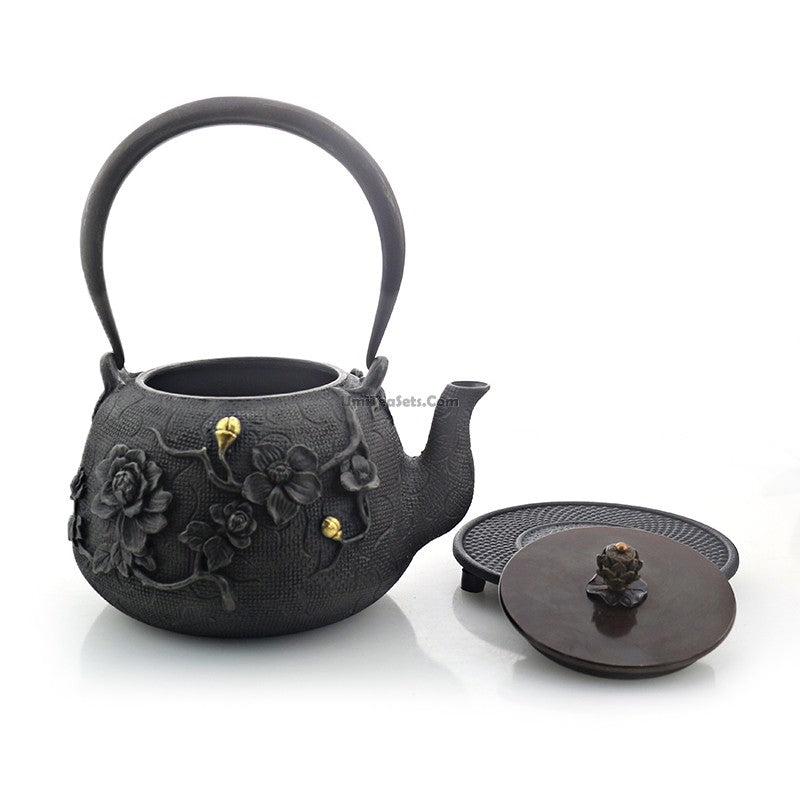 Cast Iron Tea Set | Plum Design, Copper Handle, 10-Piece