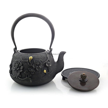 Cast Iron Tea Set | Plum Design, Copper Handle, 10-Piece