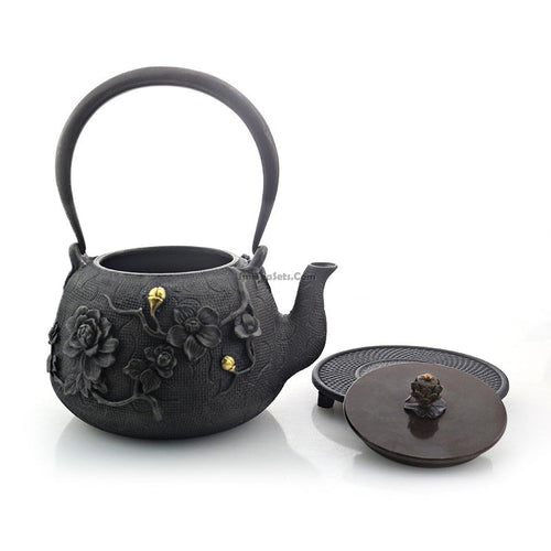 Cast Iron Tea Set | Plum Design, Copper Handle, 10-Piece