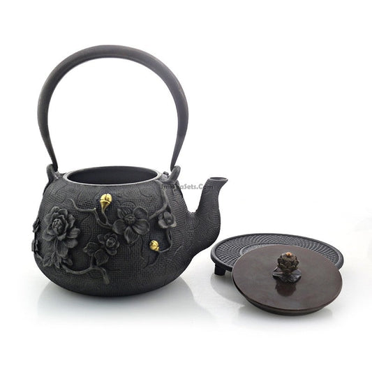 Cast Iron Tea Set | Plum Design, Copper Handle, 10-Piece