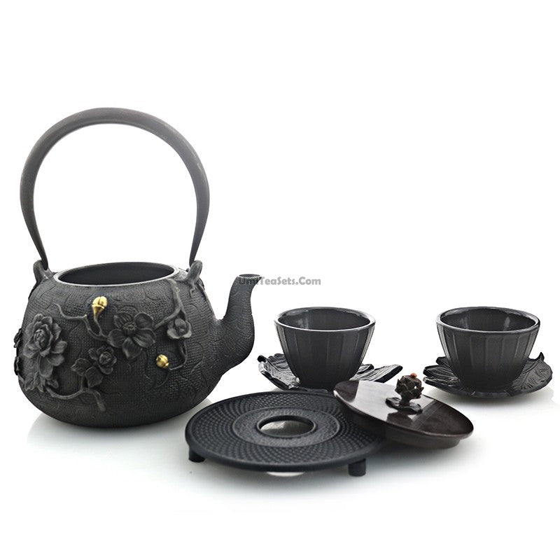 Cast Iron Tea Set | Plum Design, Copper Handle, 10-Piece