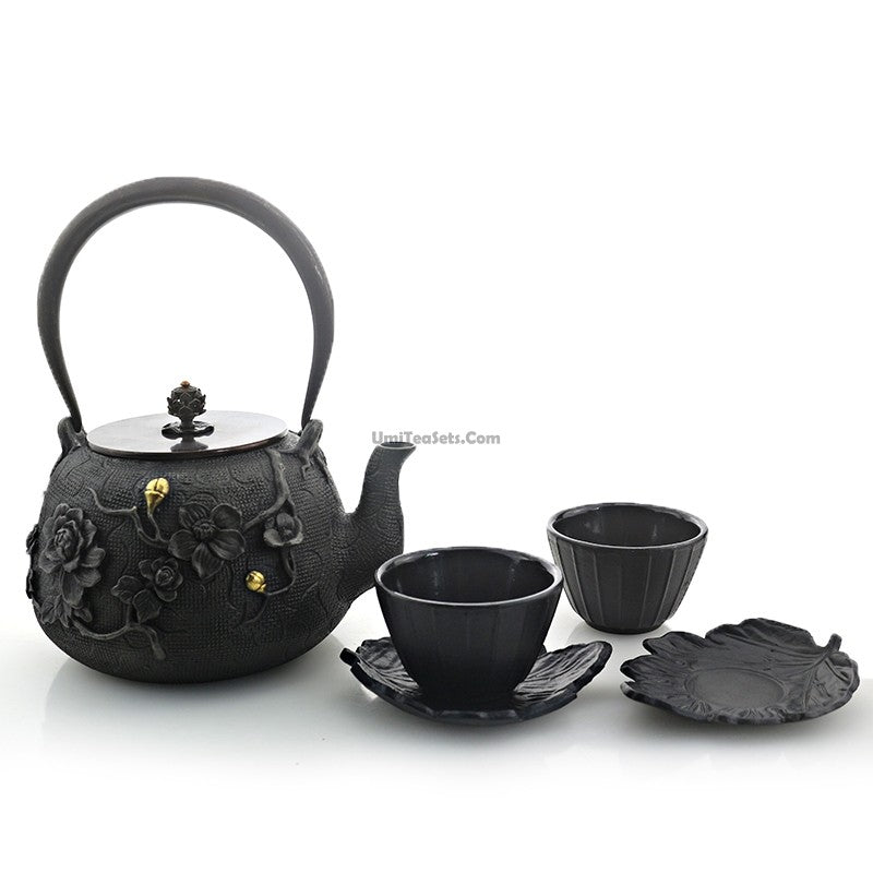 Cast Iron Tea Set | Plum Design, Copper Handle, 10-Piece