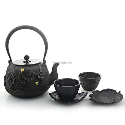 Cast Iron Tea Set | Plum Design, Copper Handle, 10-Piece