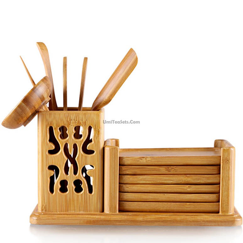 Bamboo Tea Utensil Set Six Gentlemen With Wooden Holder