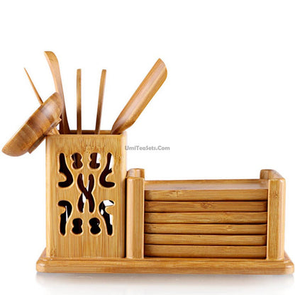 Bamboo Tea Utensil Set Six Gentlemen With Wooden Holder