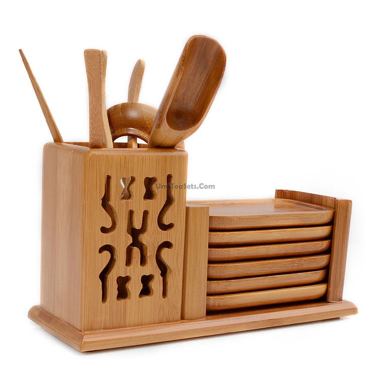 Bamboo Tea Utensil Set Six Gentlemen With Wooden Holder