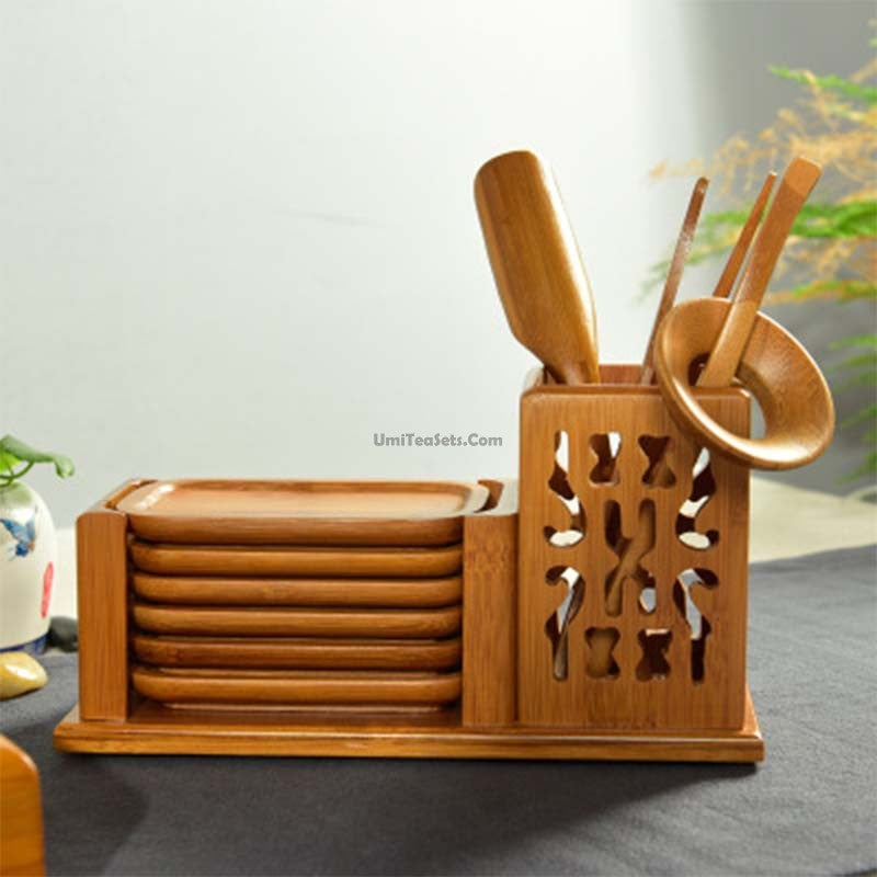 Bamboo Tea Utensil Set Six Gentlemen With Wooden Holder
