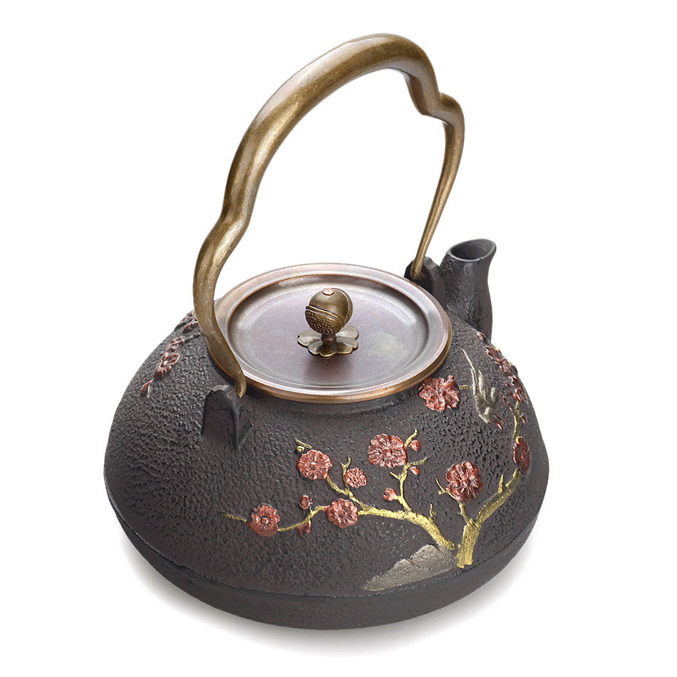 Cast Iron Teapot Japanese Magpie Plum Blossom 1400ml Tetsubin