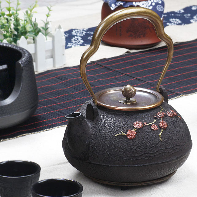 Cast Iron Teapot Japanese Magpie Plum Blossom 1400ml Tetsubin
