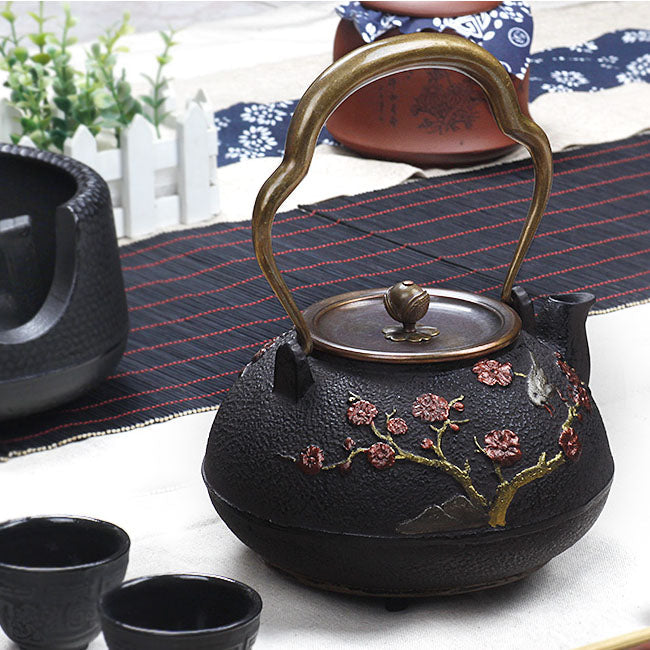Cast Iron Teapot Japanese Magpie Plum Blossom 1400ml Tetsubin