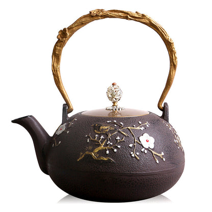 Cast Iron Teapot | Magpie Plum Carving, Copper Handle, 1200ml
