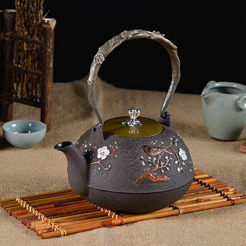 Cast Iron Teapot | Magpie Plum Carving, Copper Handle, 1200ml