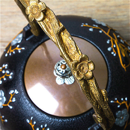 Cast Iron Teapot | Magpie Plum Carving, Copper Handle, 1200ml