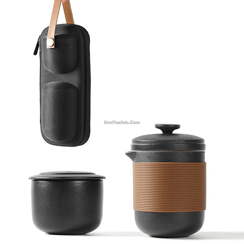 Travel Tea Set Black Ceramic With Handbag 6-Piece