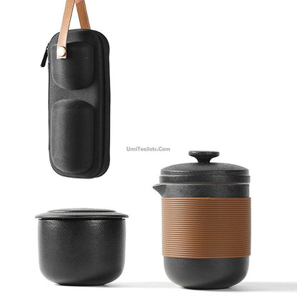 Travel Tea Set Black Ceramic With Handbag 6-Piece