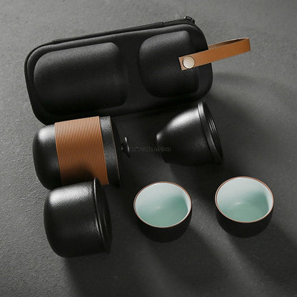 Travel Tea Set Black Ceramic With Handbag 6-Piece