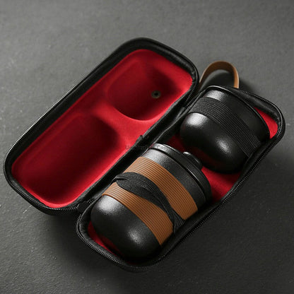 Travel Tea Set Black Ceramic With Handbag 6-Piece