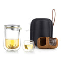 Travel Tea Set Double Wall Glass 1 Pot 2 Cups With Bag