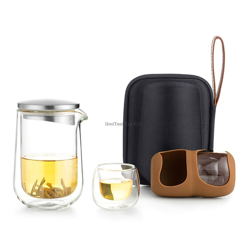 Travel Tea Set Double Wall Glass 1 Pot 2 Cups With Bag
