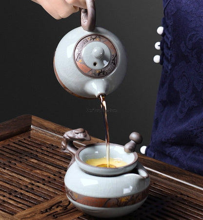 Ge Kiln Ice Crack Gongfu Tea Set with Wood Tray