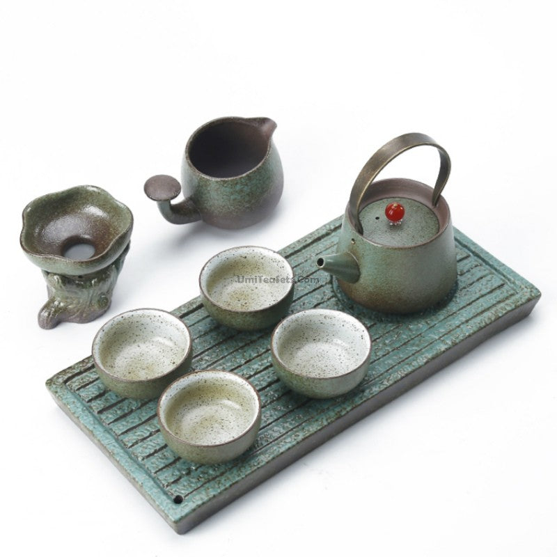 Wabi-Sabi Coarse Pottery Tea Set for 4 with Tray