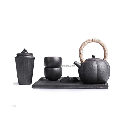 Japanese Black Pottery Tea Set Wabi-sabi Style 5-Piece
