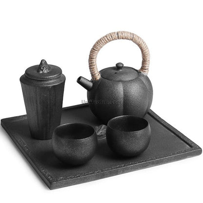 Japanese Black Pottery Tea Set Wabi-sabi Style 5-Piece