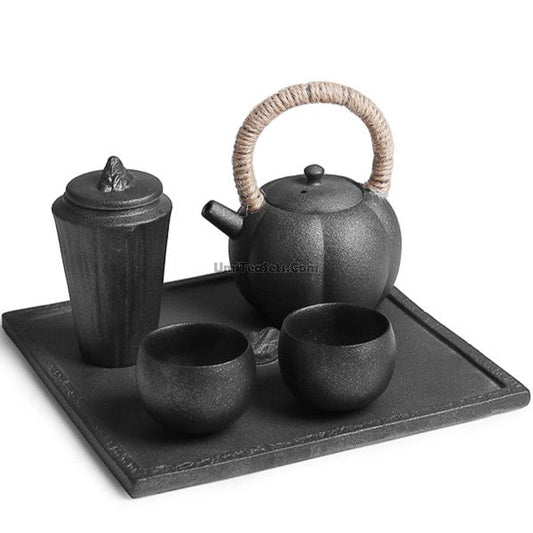 Japanese Black Pottery Tea Set Wabi-sabi Style 5-Piece
