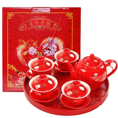 Wedding Tea Set Porcelain Teapot 4 Gaiwan Dragon Happiness Tray