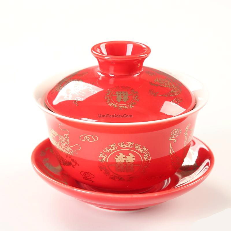 Wedding Tea Set Porcelain Teapot 4 Gaiwan Dragon Happiness Tray