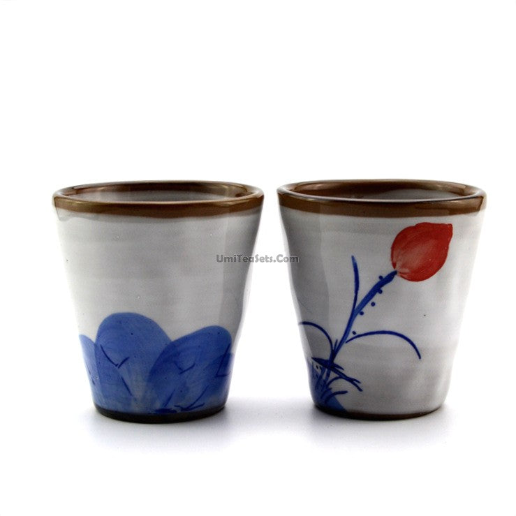 Hand Painted Lotus Japanese Tea Cups Set of 2 | Ceramic