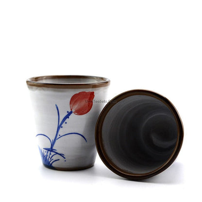 Hand Painted Lotus Japanese Tea Cups Set of 2 | Ceramic