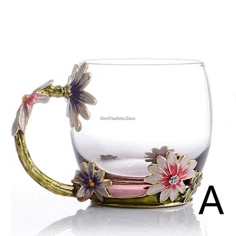 Enamel Flowers Borosilicate Glass Tea Cup 350ml