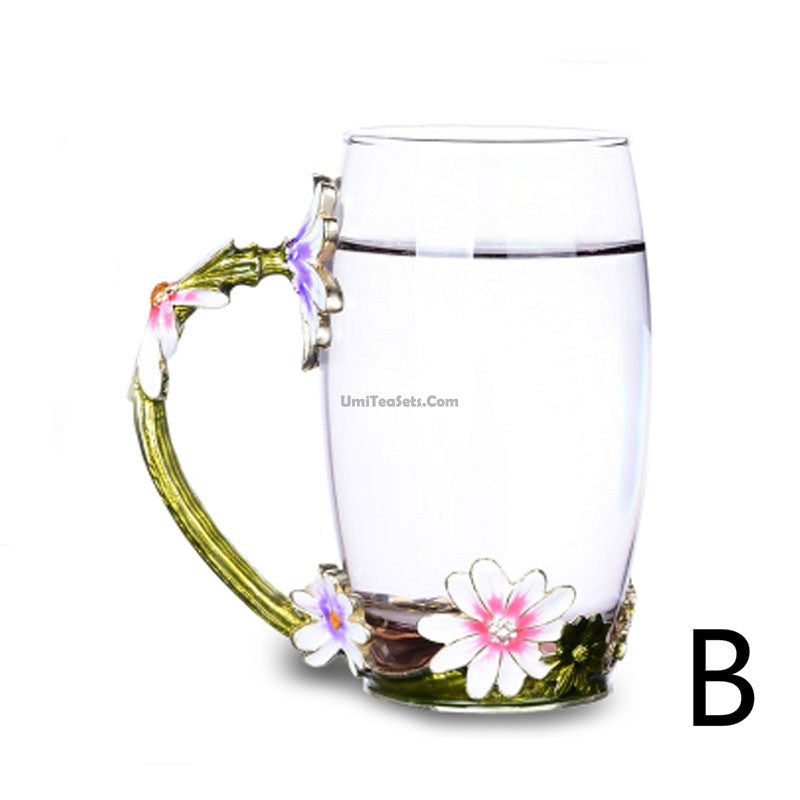 Enamel Flowers Borosilicate Glass Tea Cup 350ml