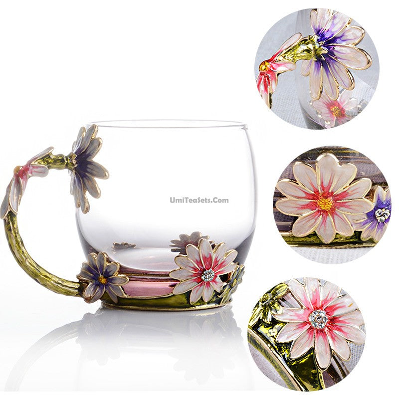 Enamel Flowers Borosilicate Glass Tea Cup 350ml