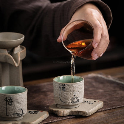 Gongfu Tea Set Coarse Pottery Teapot 6 Cups Strainer Fair Cup