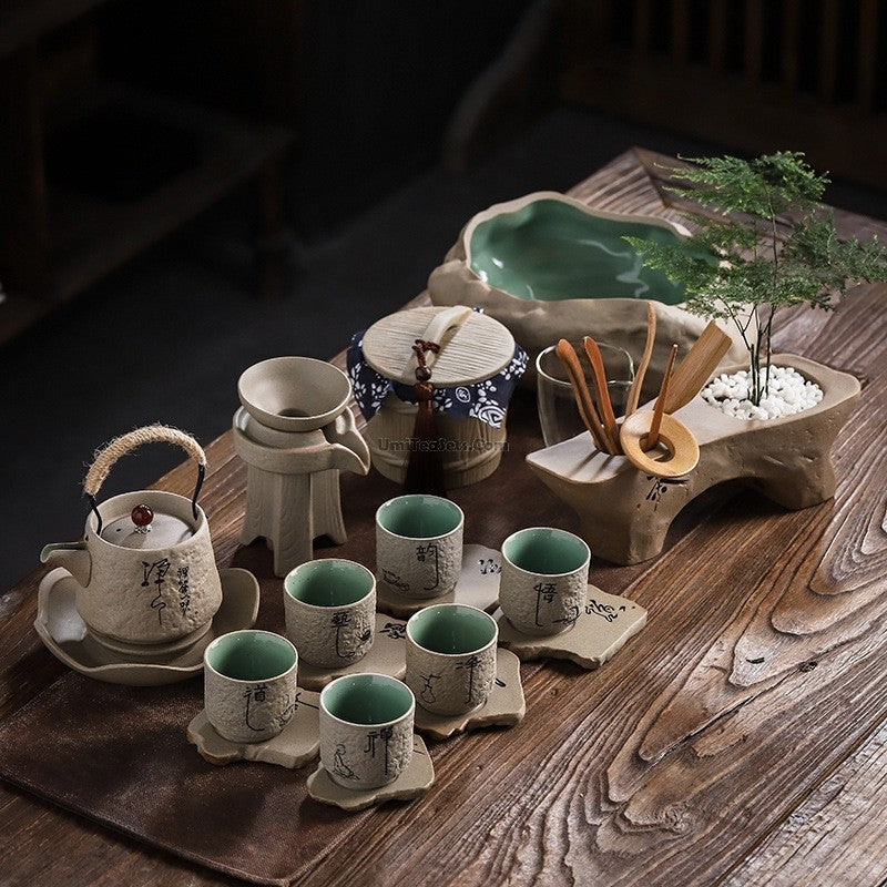Gongfu Tea Set Coarse Pottery Teapot 6 Cups Strainer Fair Cup