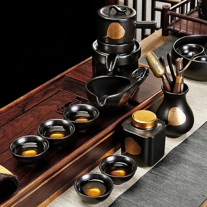 Automatic Gongfu Tea Set Black Ceramic 13-Piece Serves 8